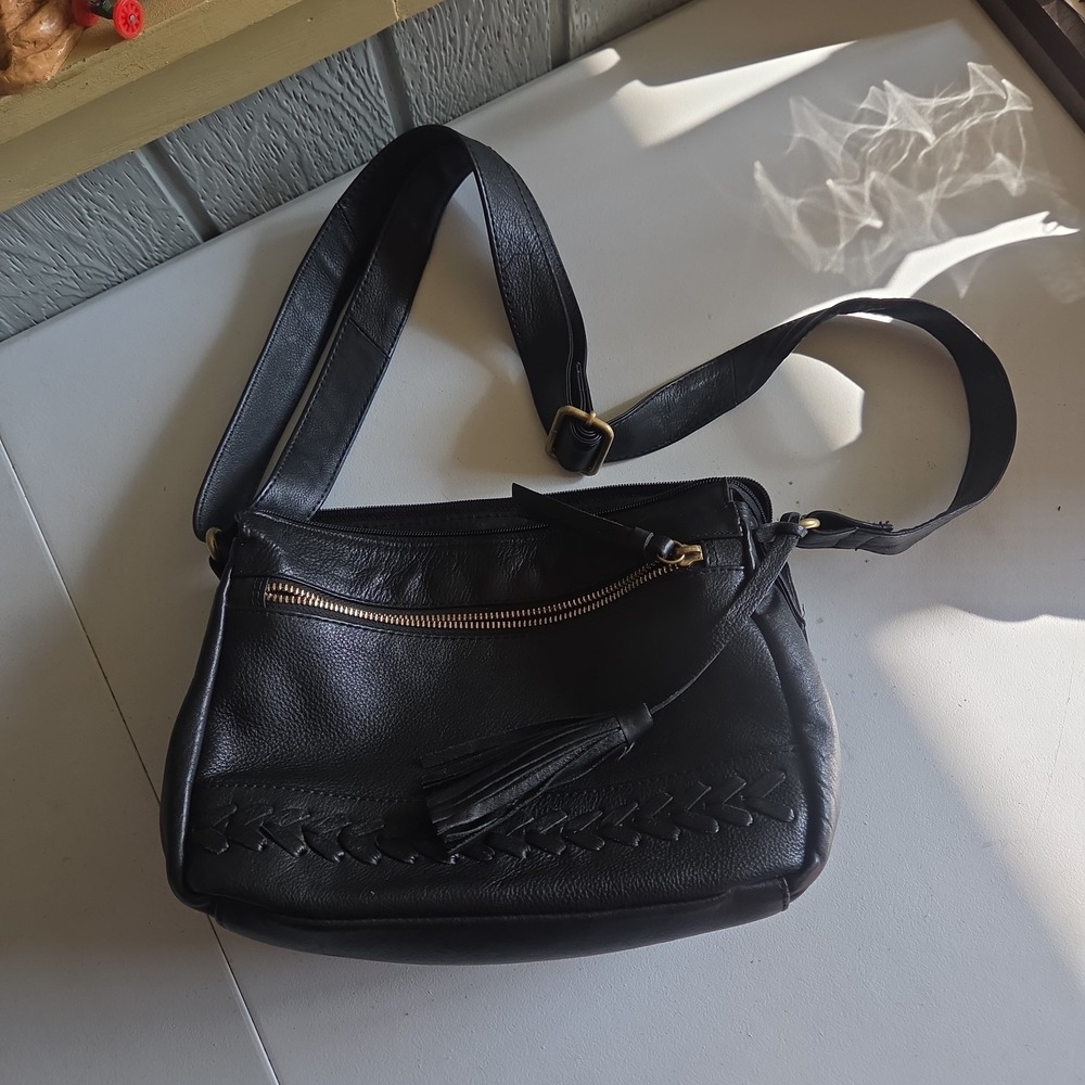 Great American Leatherworks Crossbody Purse Black Genuine Leather Braid Tassle